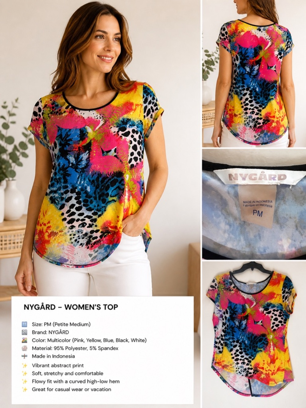 Peter Nygard Bright Multi-Print Scoop Neck Top in Pink, Blue, Yellow